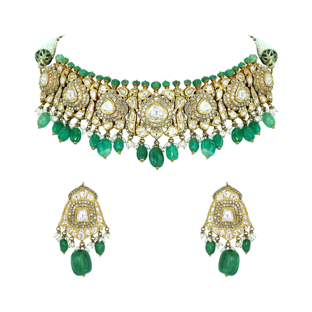 Victorian Rose-Cut Diamond Choker Set with Emerald Beads